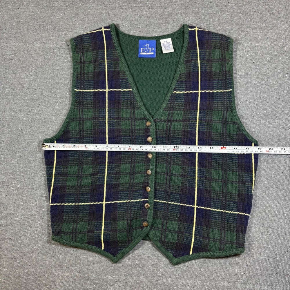 EP Pro Golf Sweater Vest Green Navy Plaid Cotton Knit Button Front Tie Back S - Picture 3 of 6